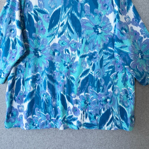 Quacker Factory Womens 2X Floral Embellished Top Blue White Floral 3/4 Sleeve - Picture 11 of 16